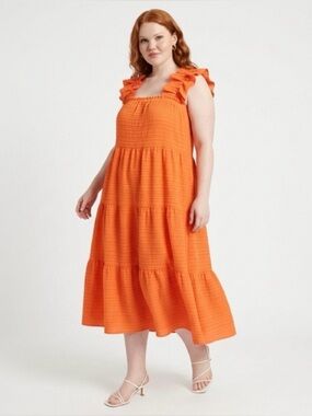 THML Orange Ruffle Strap Tiered Midi Dress
